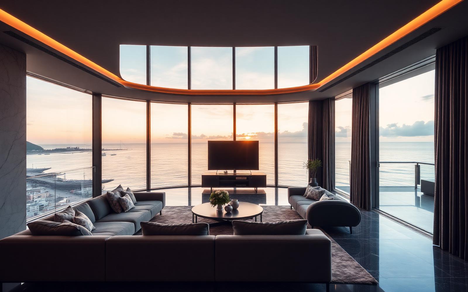 Interior de cobertura de alto padrão com vista para o mar